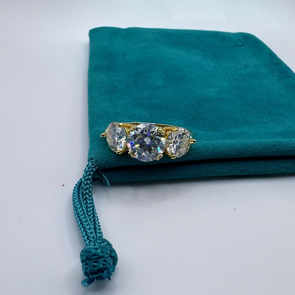 4CT Moissanite 3-Stone Ring | 2CT Center | 14K Gold Plated | Sz 6 | Certificate